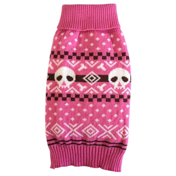 Wag-A-Tude Dog Sweater Size S Pink Skull Fair Isle Knit Winter Pet Clothing - Picture 1 of 11